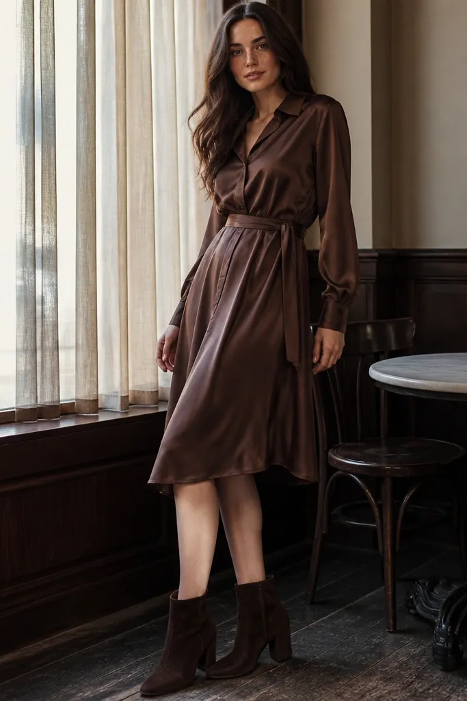 Chocolate silk shirt dress belted at waist with dark suede ankle boots