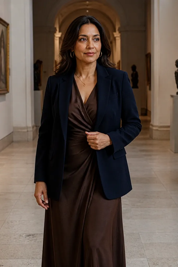 Espresso brown silk wrap dress with a navy blazer and nude pumps