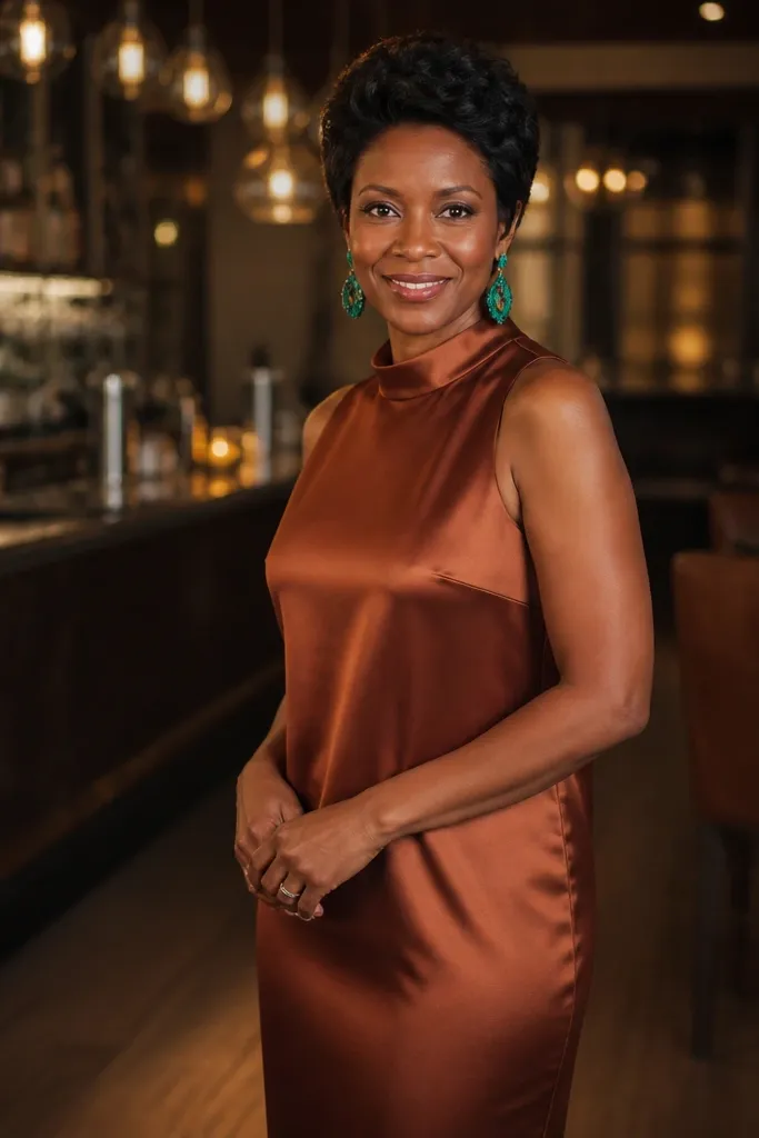 Rust-brown silk column dress with emerald earrings and gold sandals