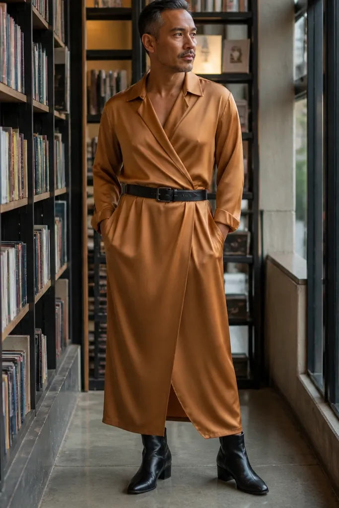 Caramel brown silk wrap shirt dress with a black leather belt and black boots