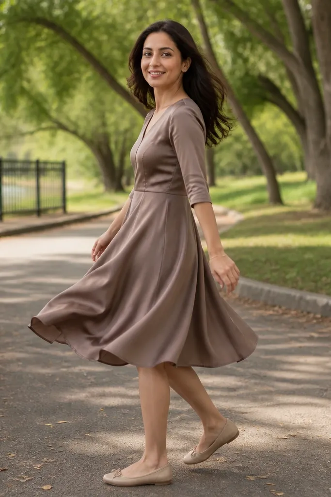 Taupe-brown silk skater dress with light tan ballet flats and a cream crossbody