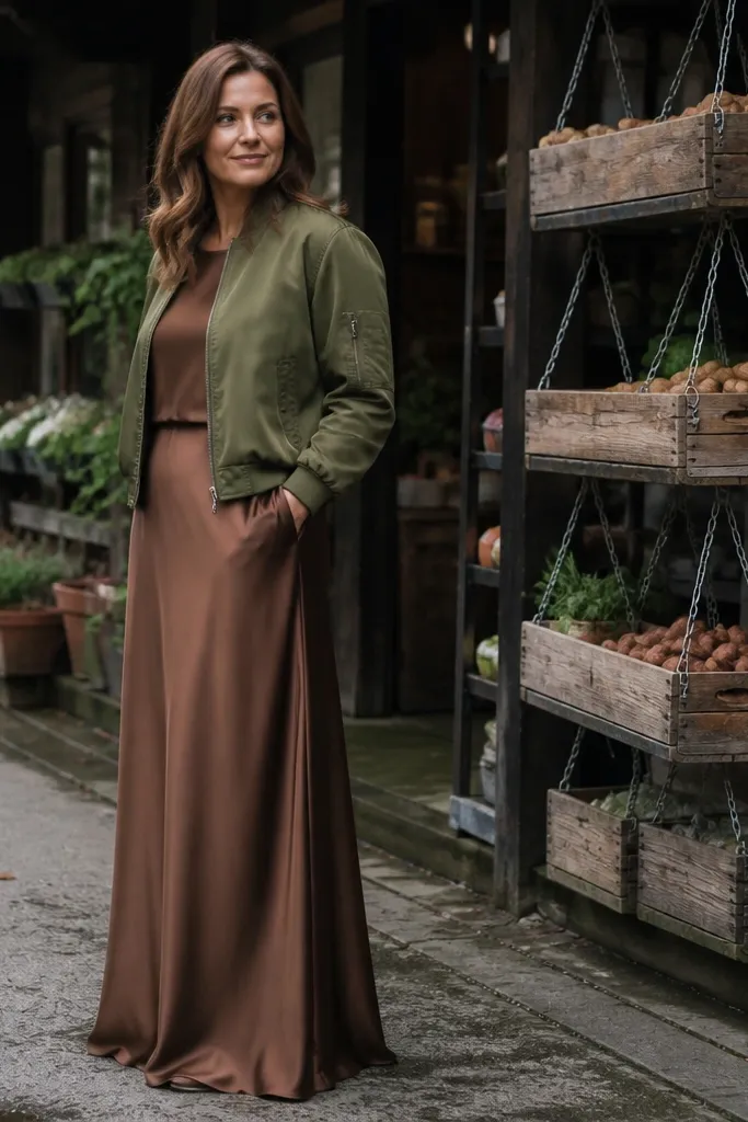 Chestnut silk maxi dress with olive bomber jacket and brown leather sneakers
