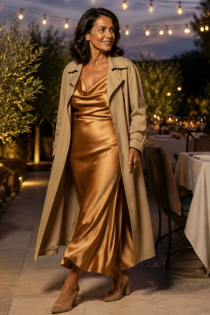 Caramel silk gown with beige trench coat and tan block heels