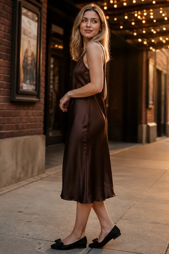 Chocolate silk tea-length dress with black bow flats and a small black clutch