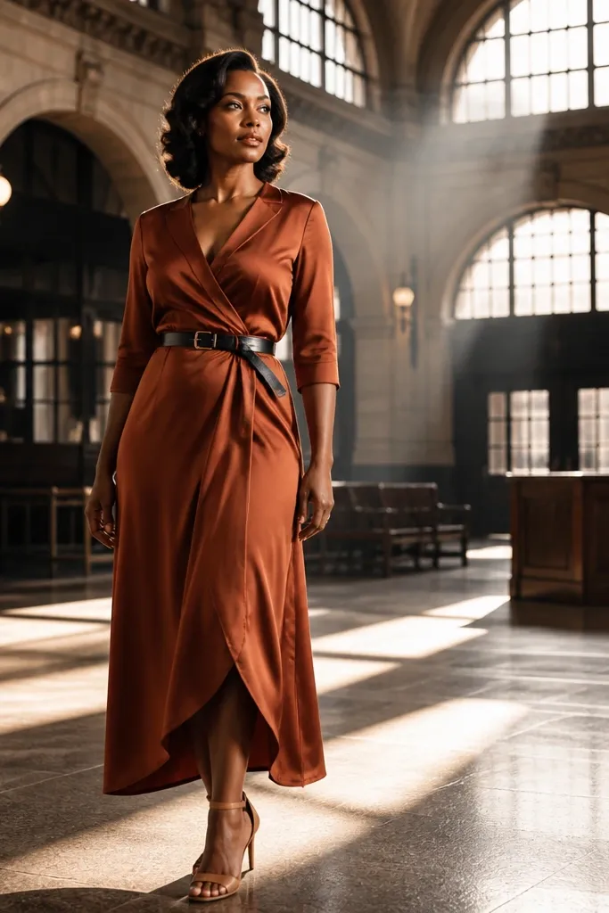 Sienna brown silk wrap maxi dress with black belt and tan ankle strap heels