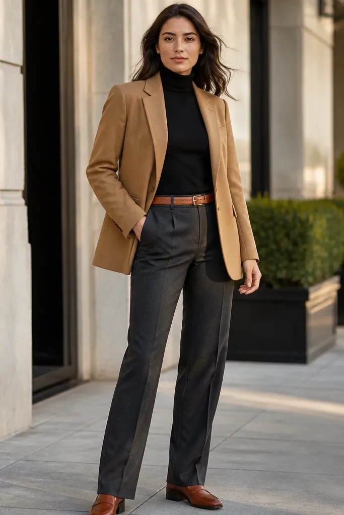 Black turtleneck with camel blazer and straight-leg charcoal trousers