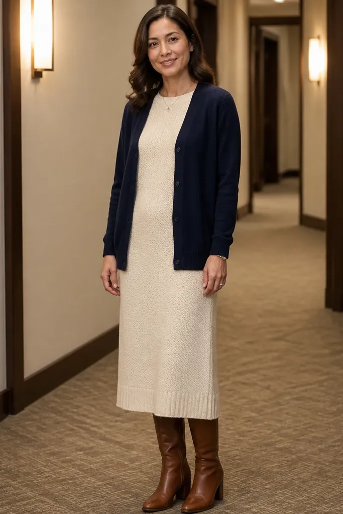 Cream knit midi dress with navy cardigan and cognac ankle boots