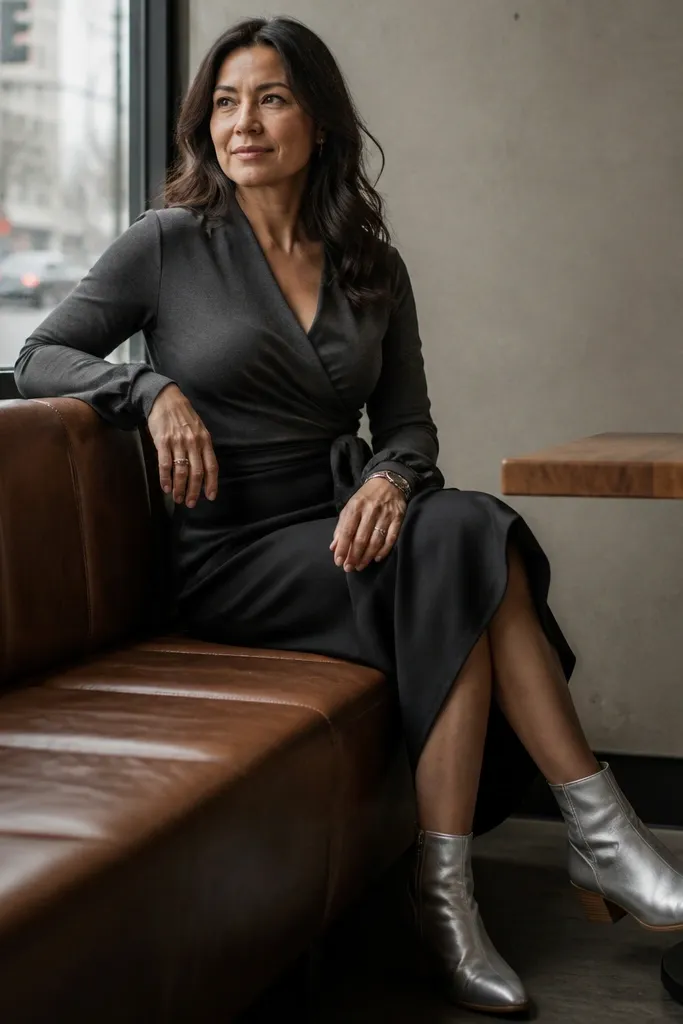 Charcoal wrap blouse with black midi skirt and silver ankle boots