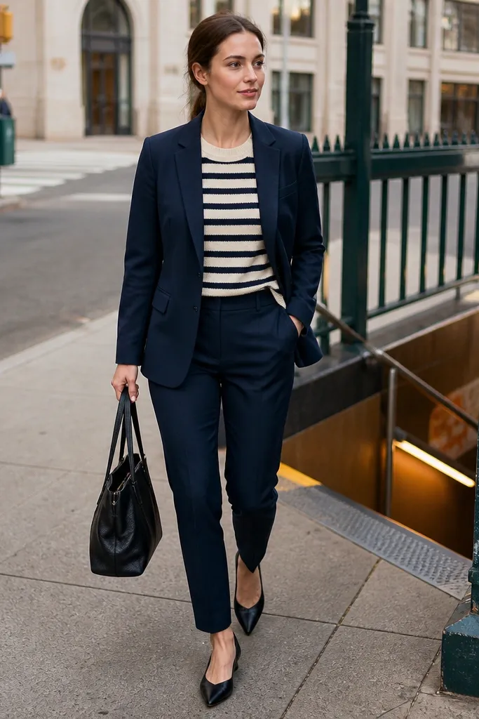 Navy blazer over striped knit tee with tapered trousers