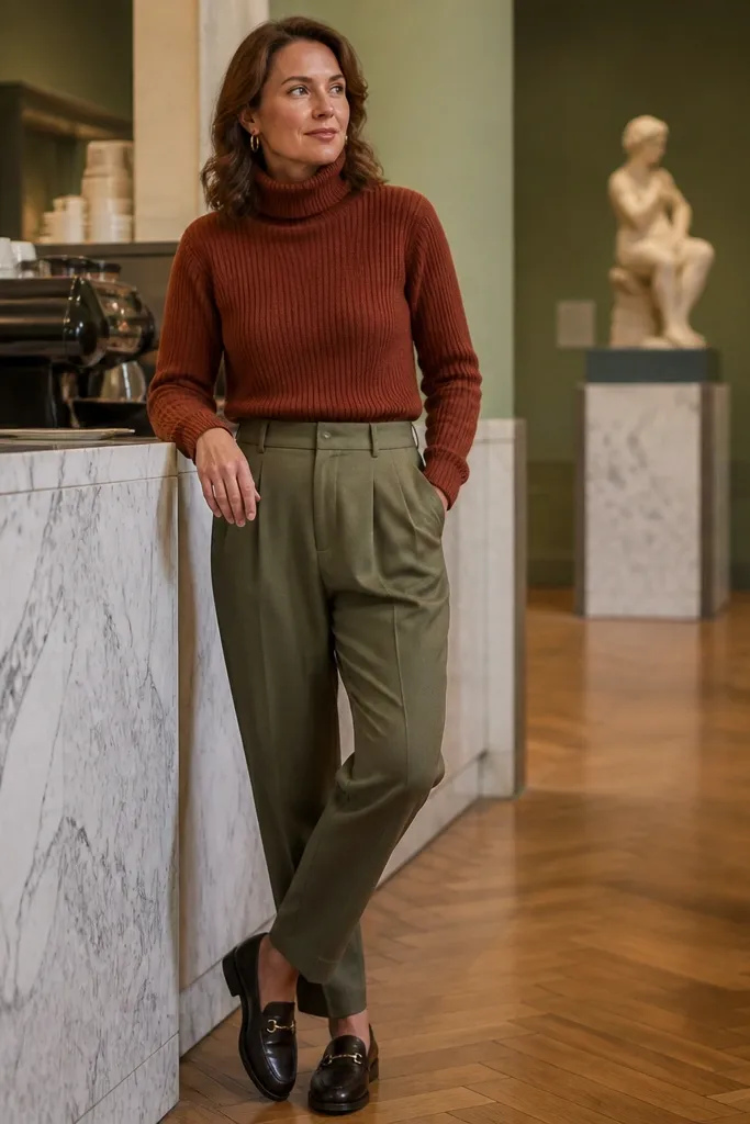 Rust turtleneck with olive pleated trousers and brown loafers