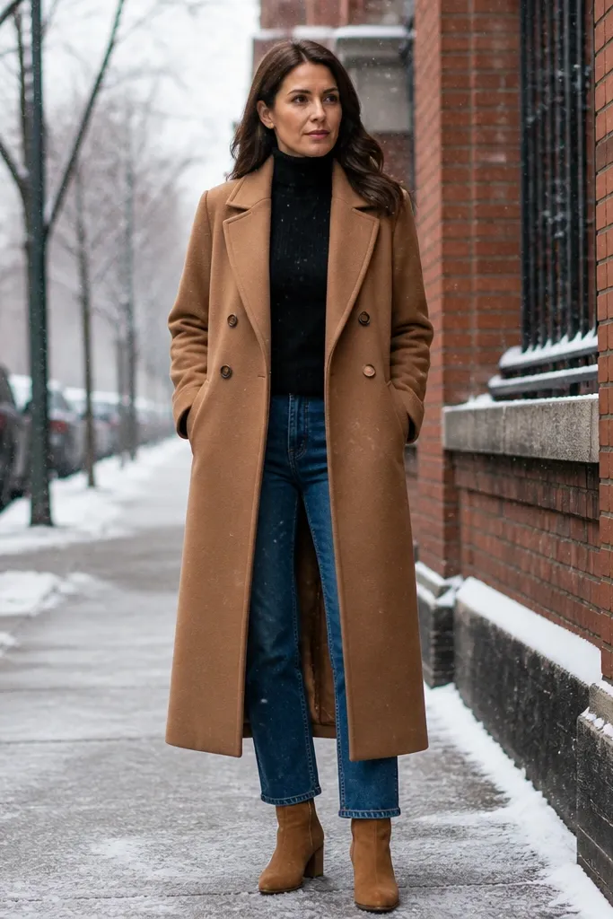 Camel long coat over black turtleneck with straight dark jeans and boots