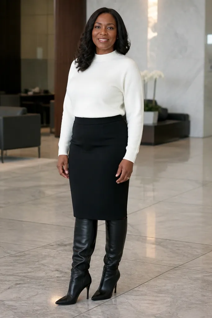 White sweater with black pencil skirt and knee-high boots