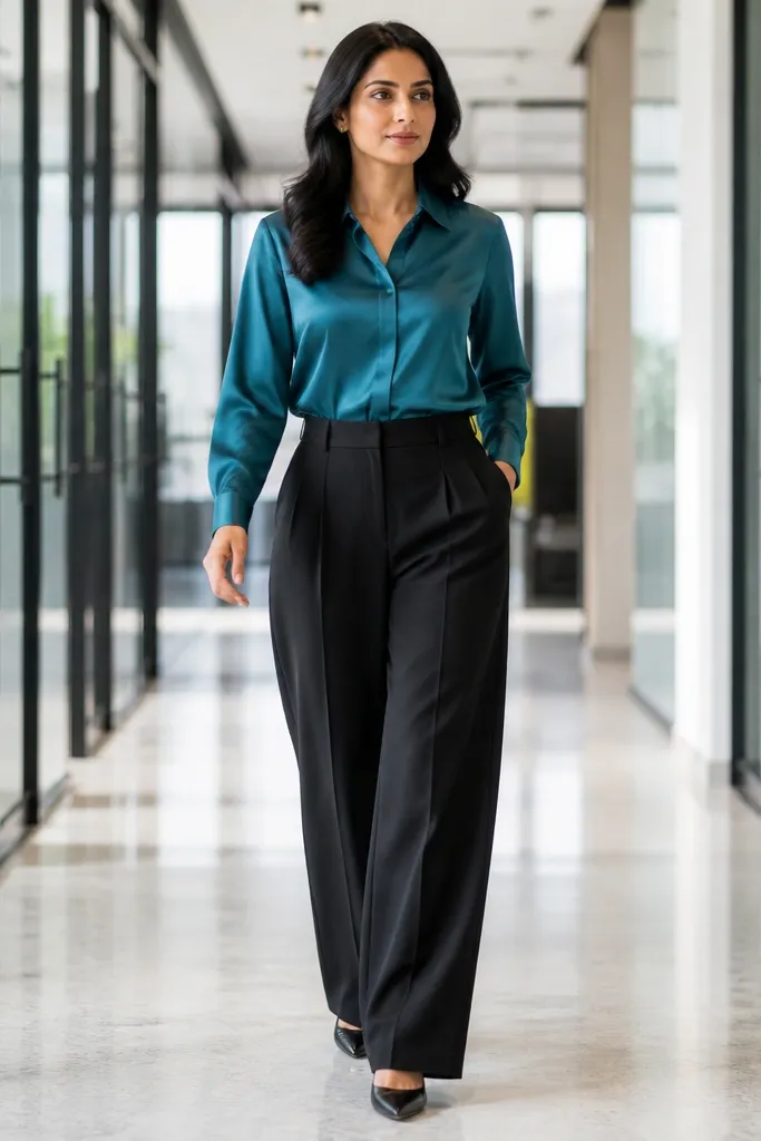 Teal blouse with black wide-leg trousers and pointed flats