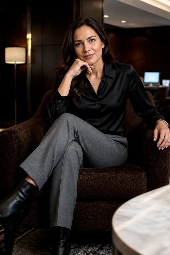 Black satin-look blouse with gray wool trousers and black ankle boots