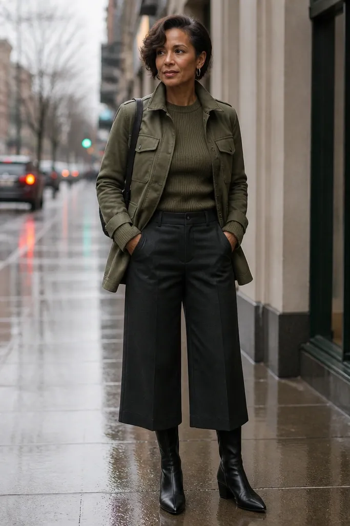 Olive utility jacket over ribbed knit top with dark culottes and boots