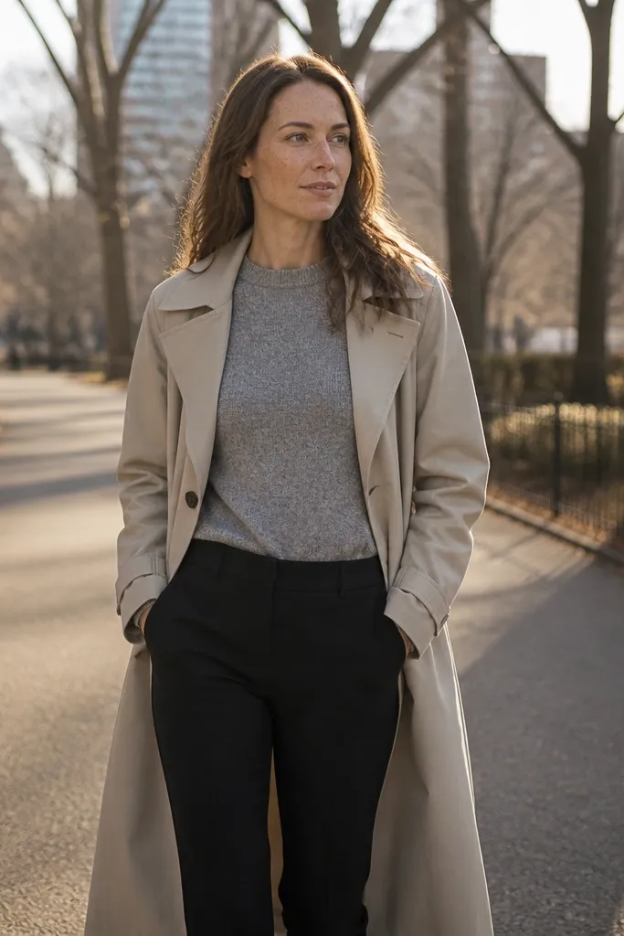 Gray crewneck sweater with longline trench and black trousers