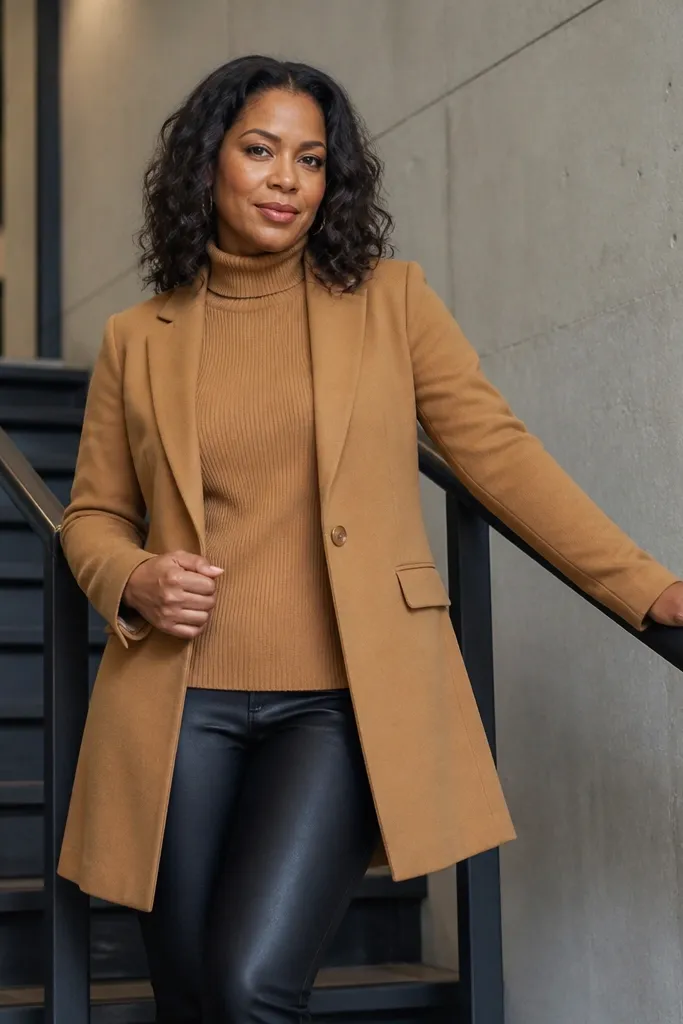 Camel turtleneck with blazer over black leather-look leggings and ankle boots