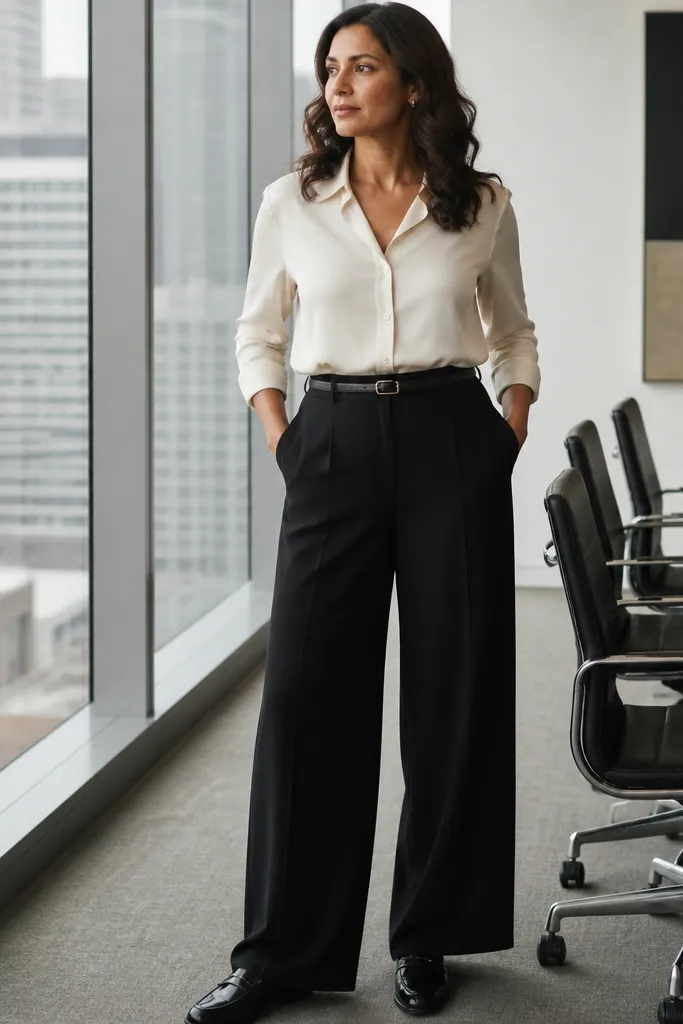 Ivory blouse with thin black belt and wide-leg black trousers and loafers