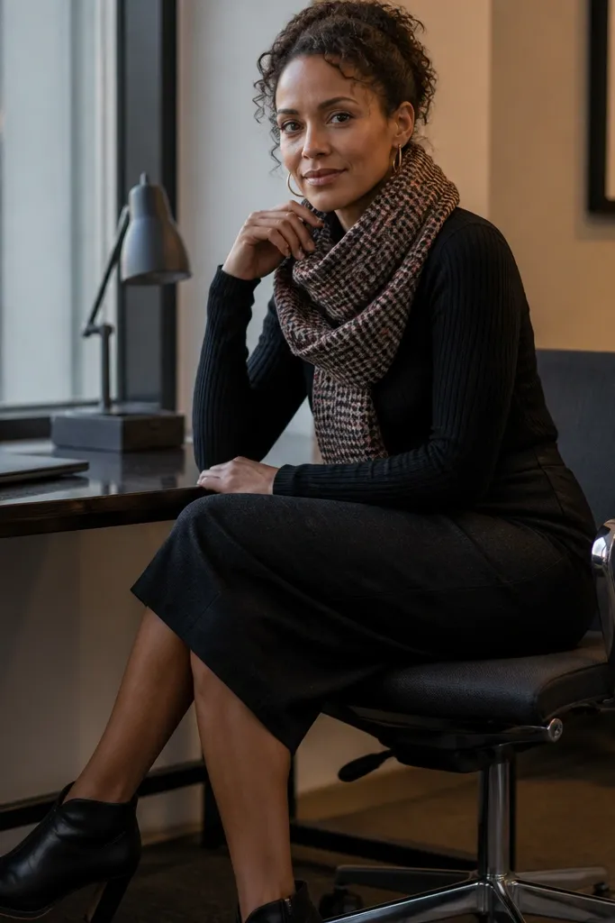 Monochrome black outfit with a patterned scarf and black ankle boots