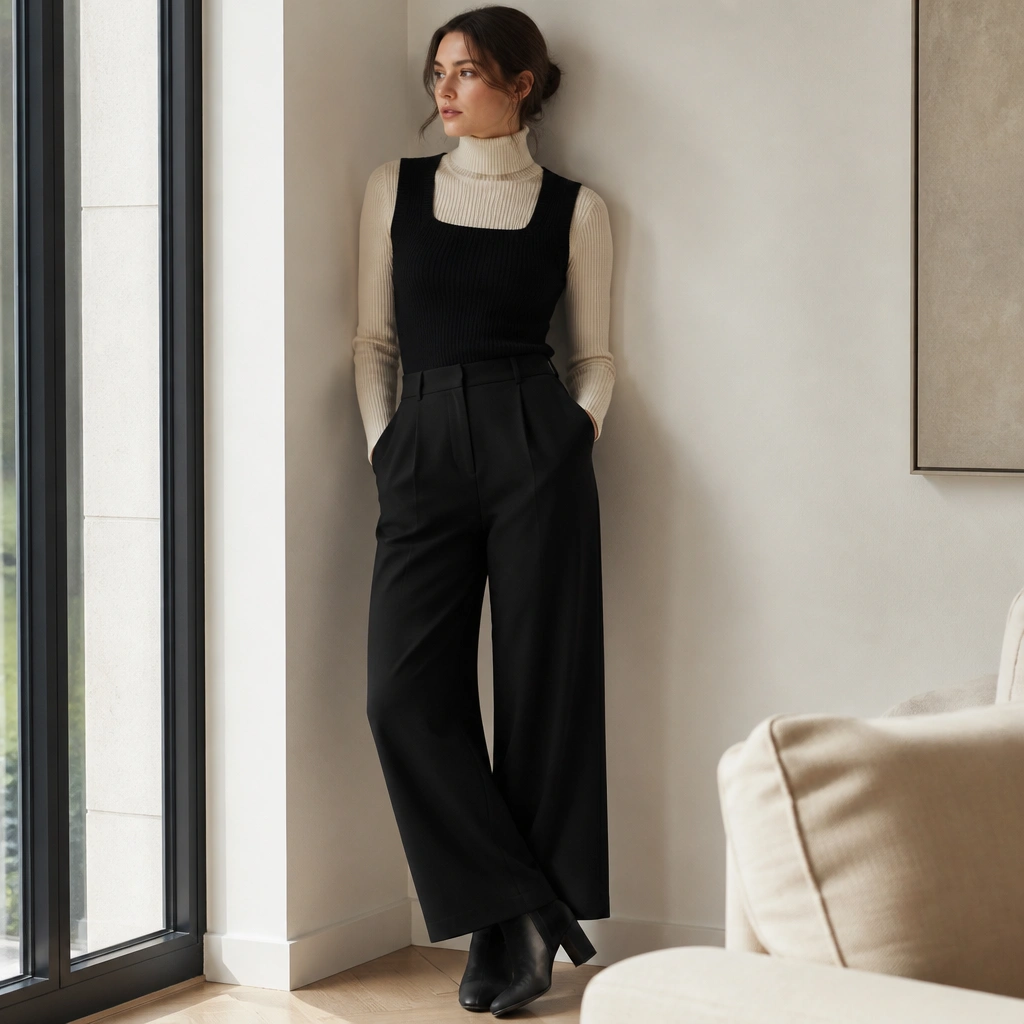 Black square-neck knitted vest layered over a cream ribbed turtleneck, styled with high-waisted black wide-leg trousers and black ankle boots; the neckline forms a neat, boxy frame.