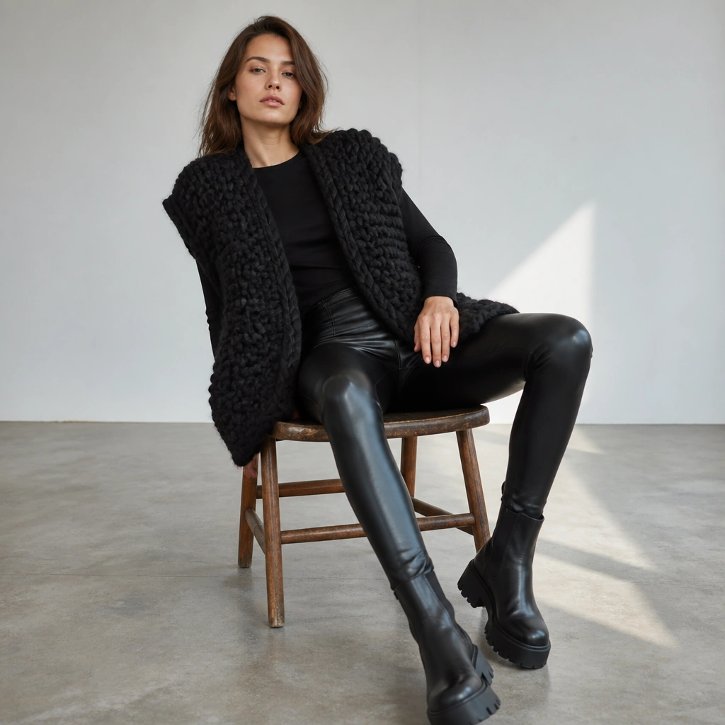 Oversized chunky black knitted vest worn open over a fitted black crewneck tee, paired with shiny black faux-leather leggings and chunky black boots; visible thick yarn loops on the vest.