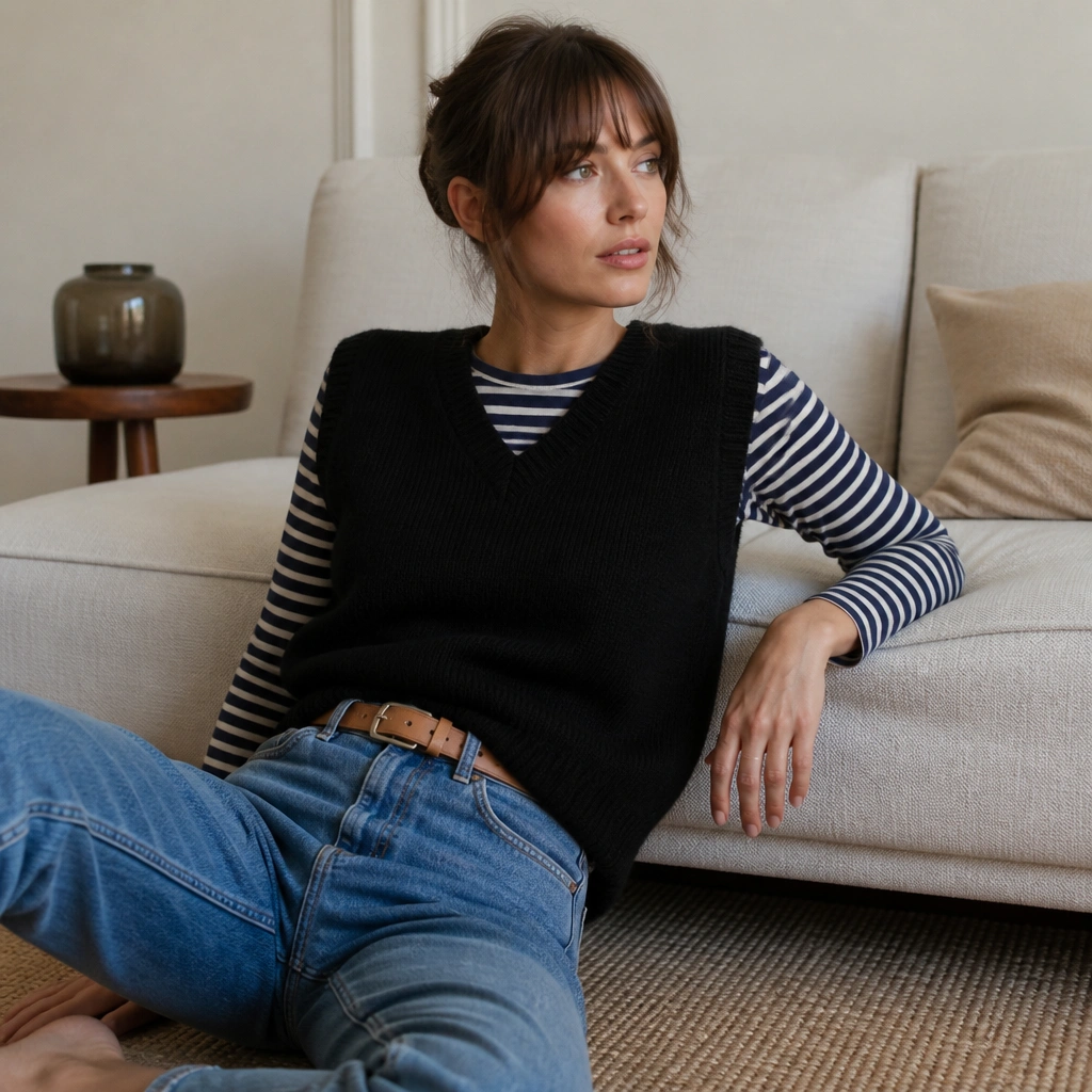 Black knit vest layered over a navy-and-white striped long-sleeve shirt, paired with mid-wash mom jeans and tan belt; the stripes peek from the neckline and sleeves.