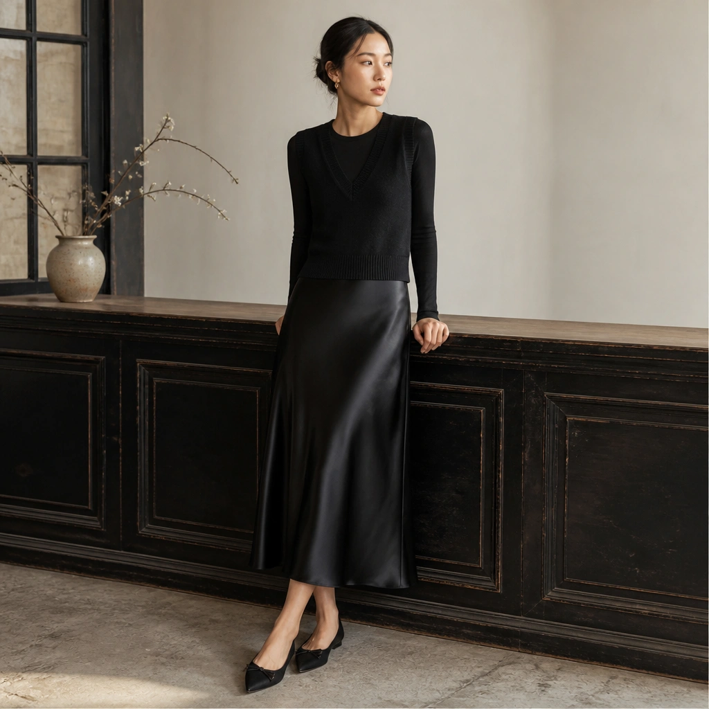 Black knitted vest worn over a fitted base top with a satin black slip skirt that catches light, plus pointed-toe ballet flats; the vest is V-neck and slightly fitted.