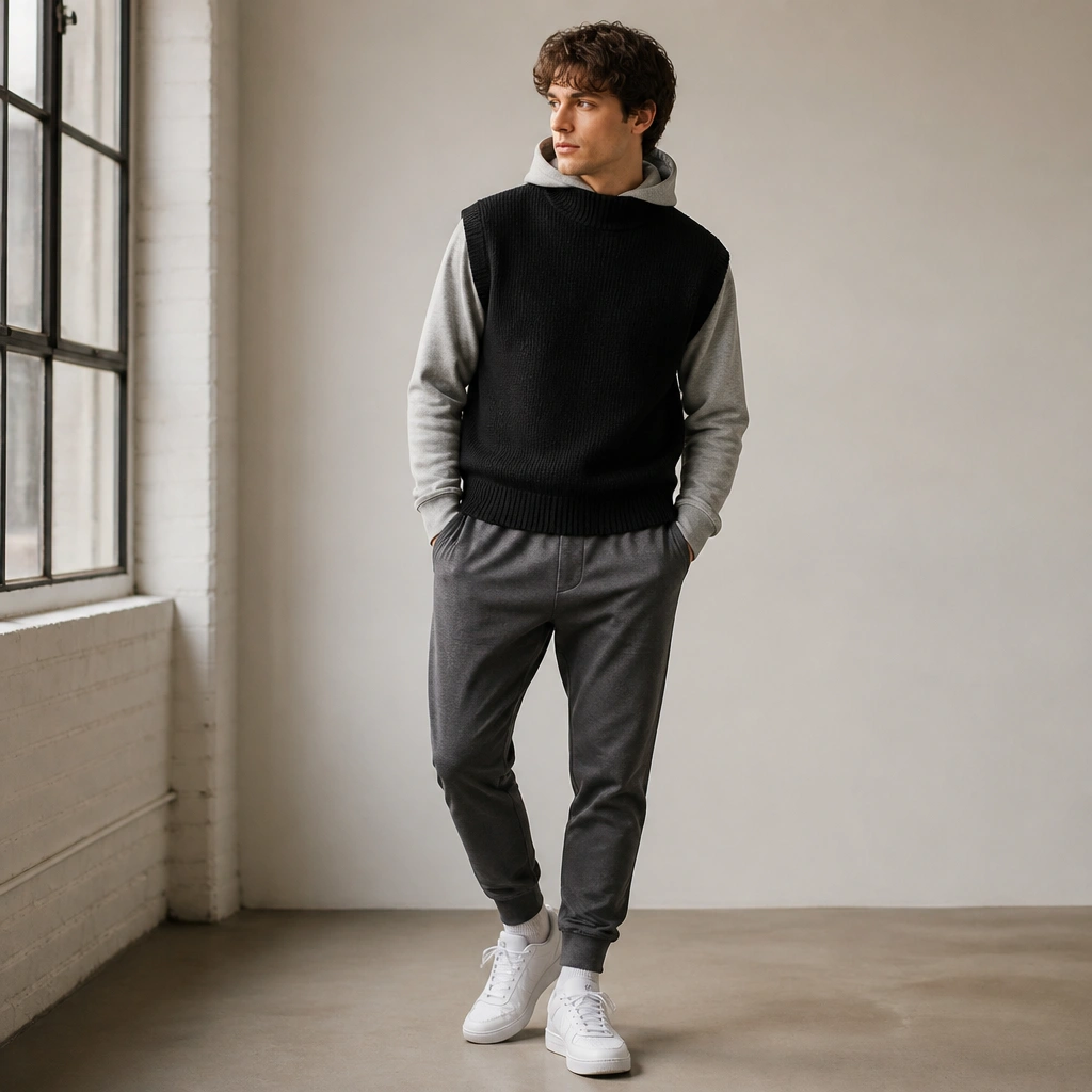 A black mock-neck knitted vest over a heather-gray hoodie, paired with tapered jogger pants in charcoal and white sneakers; the hoodie hood peeks slightly behind the vest.
