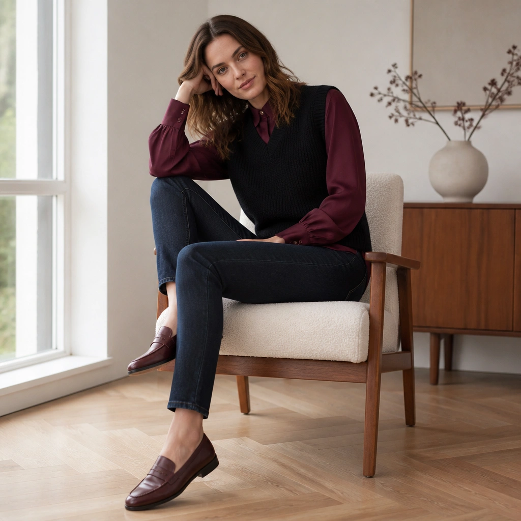 Black knitted vest over a burgundy buttoned blouse with subtle puff sleeves, paired with dark wash skinny jeans and burgundy loafers; the blouse shows at the neckline and cuffs.