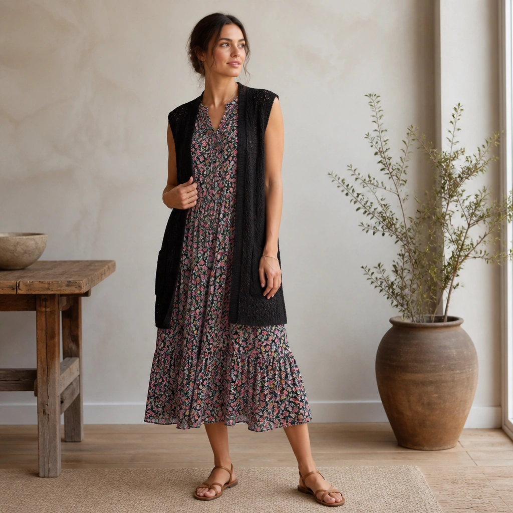 An open-front black knitted vest over a floral midi dress with small pink and green flowers, paired with tan strappy sandals; the vest falls loosely and frames the dress pattern.