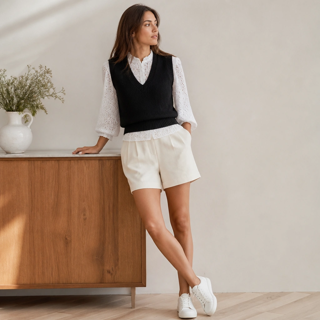 Black knitted vest over a white eyelet blouse, paired with high-waisted light beige shorts and white sneakers; eyelet texture peeks at the neckline and hem.