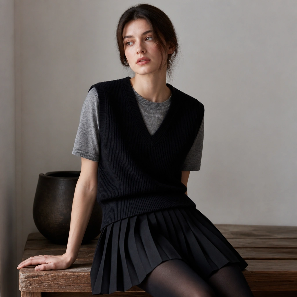 Black knitted vest layered over a gray marl knit tee, styled with a black pleated skirt and black tights; the vest has a clean V-neck.