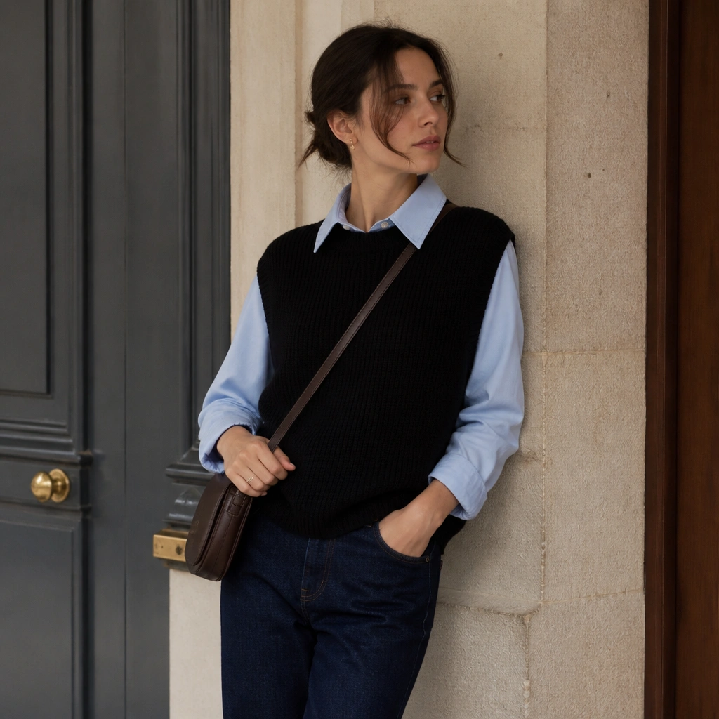 Black knit vest over a pastel blue Oxford shirt, paired with dark indigo denim and a simple brown crossbody; the shirt collar is visible and structured.