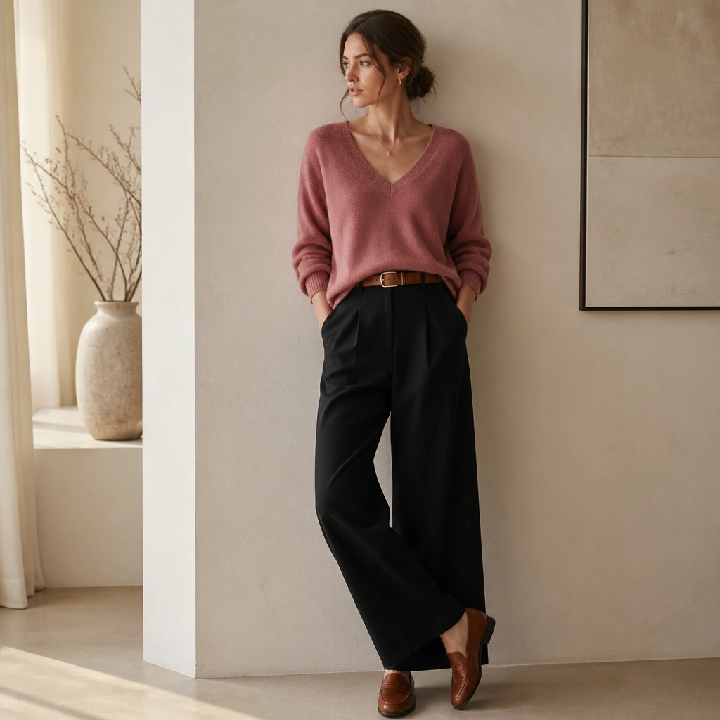 A dusty rose v-neck sweater layered over black wide-leg trousers; tan-brown loafers and a structured belt are visible, with the sweater smoothly draped at the hips.