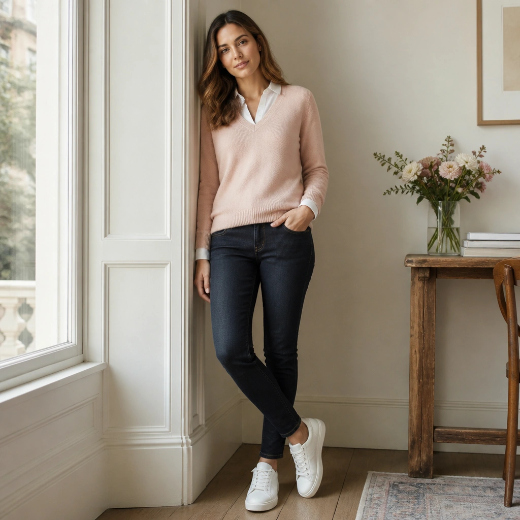 A blush v-neck sweater worn over a white button-down collar peeking out; slim dark-wash jeans and white sneakers are shown, with the sweater front neatly layered.