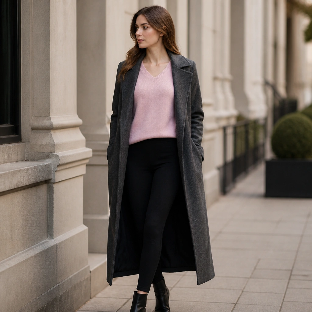 A soft pink v-neck sweater layered with black leggings and a long charcoal wool coat; ankle boots peek out, and the sweater looks smooth and not overly chunky.