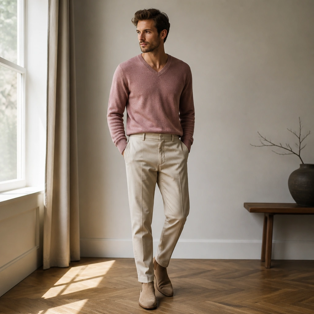 A dusty pink v-neck sweater tucked into light khaki chinos with tan ankle boots; the sweater has a ribbed cuff and a relaxed fit through the sleeves.
