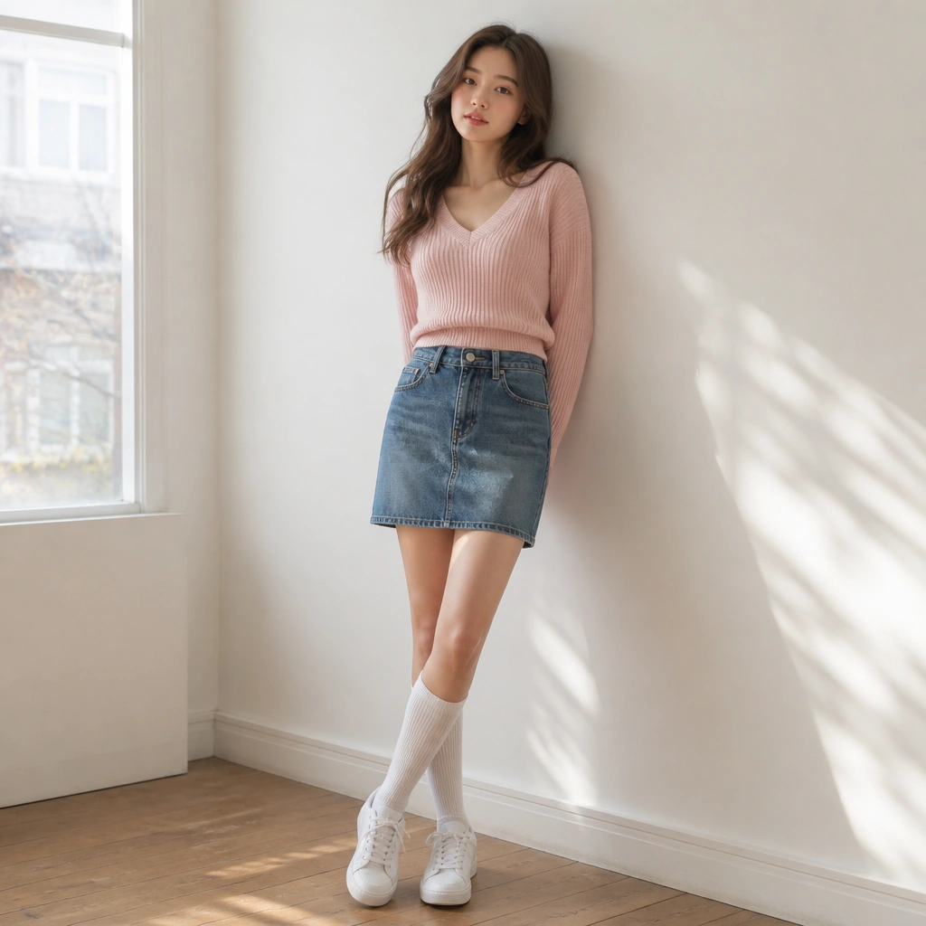 A blush pink v-neck sweater tucked into a medium-wash denim skirt; white knee-high socks and white sneakers are shown, with the sweater ribbed at the hem.