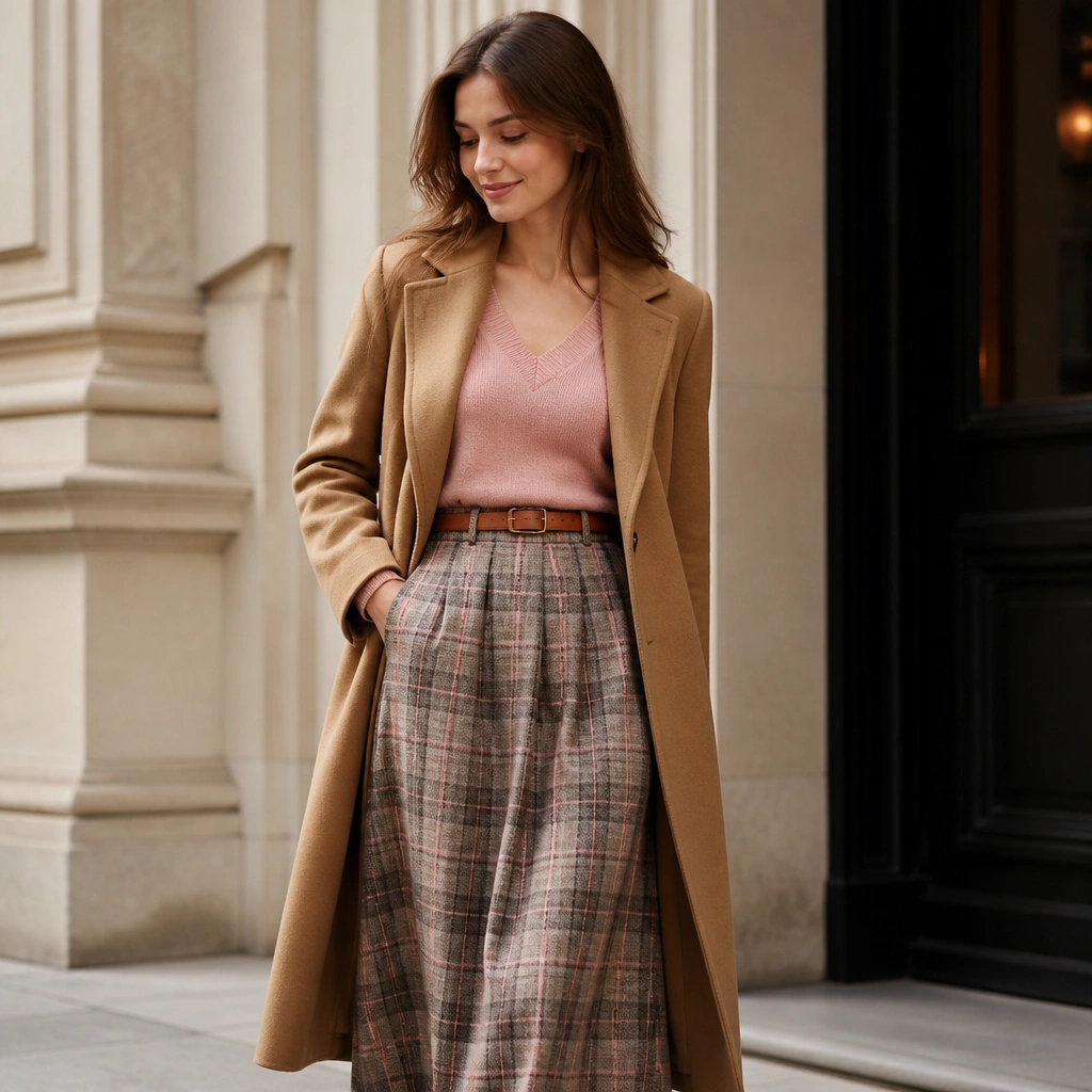 A pink v-neck sweater styled with a plaid midi skirt in muted tones; a camel belted coat is worn over the top, with tan belt visible at the waist.
