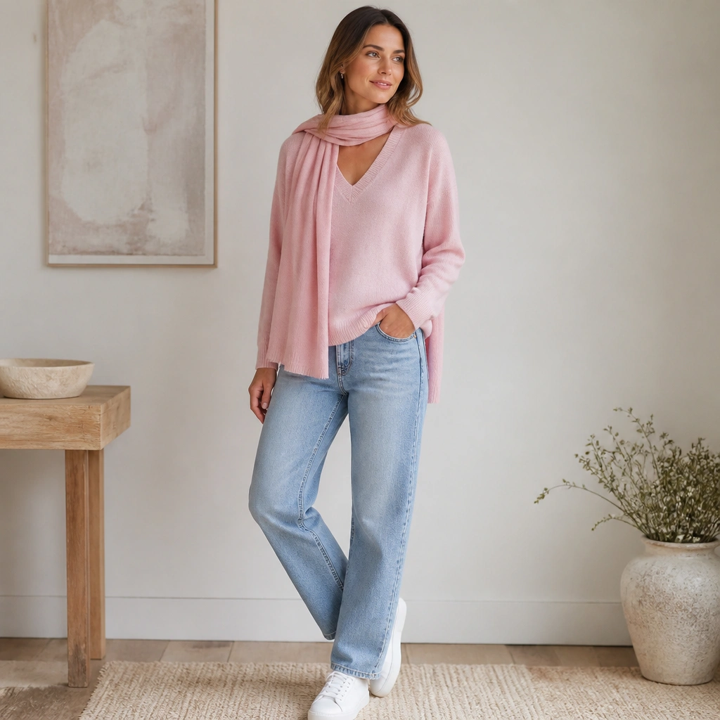 A soft pink v-neck sweater with a pink scarf draped at the neck; light blue straight-leg jeans and white sneakers are visible, with a relaxed fit through the torso.