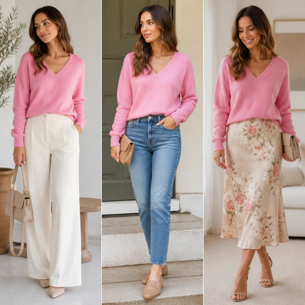 Comparison Review Pink V-Neck Sweater Outfit Ideas