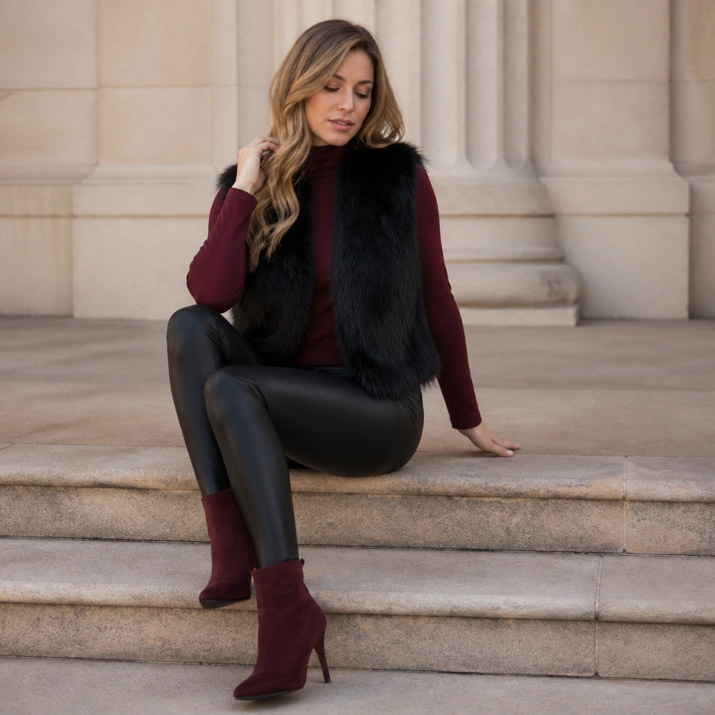 A black fur vest over a deep burgundy mock neck top, paired with black leather-look leggings and burgundy suede ankle boots.