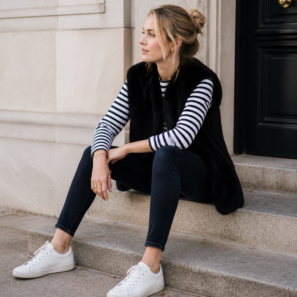 A black fur vest layered over a navy-and-white striped Breton tee, with dark wash skinny jeans and white sneakers.