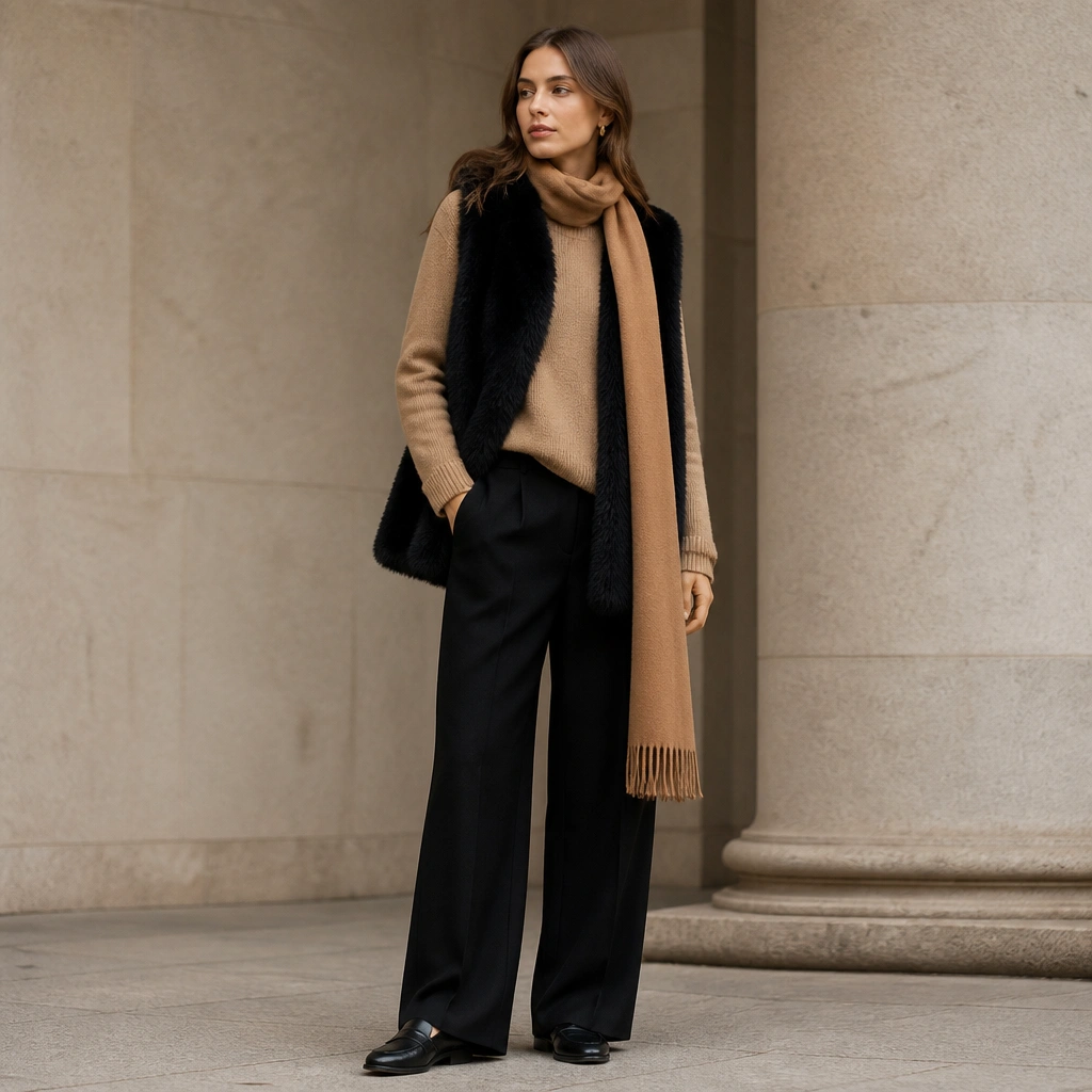 A black fur vest over a camel knit sweater, styled with black wide-leg trousers and a long camel scarf, plus black loafers.