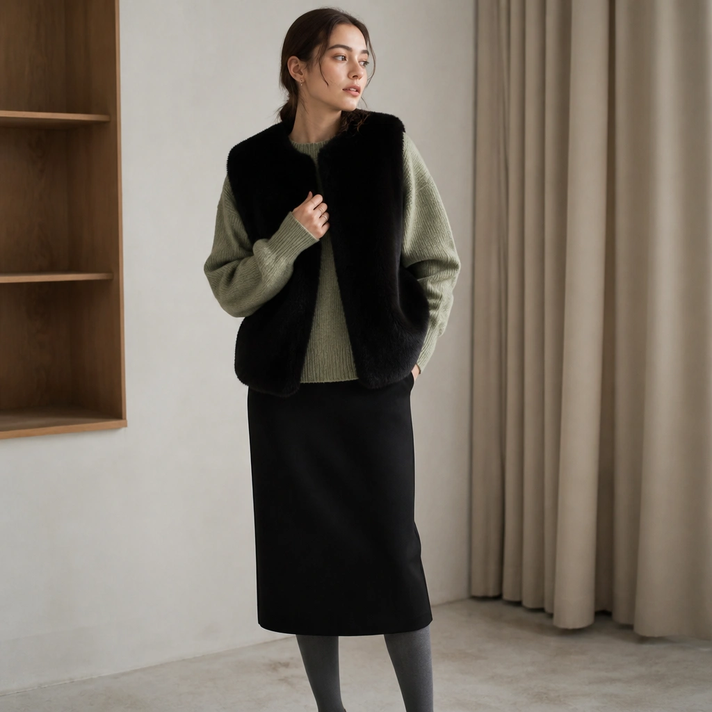 A black fur vest over a soft sage green knit sweater, with a black midi straight skirt and grey tights.
