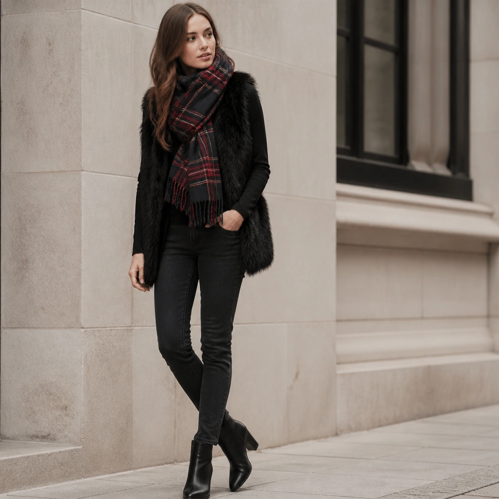 A black fur vest worn over a black long-sleeve top, with dark monochrome jeans, a large black-and-red tartan scarf, and black ankle boots.