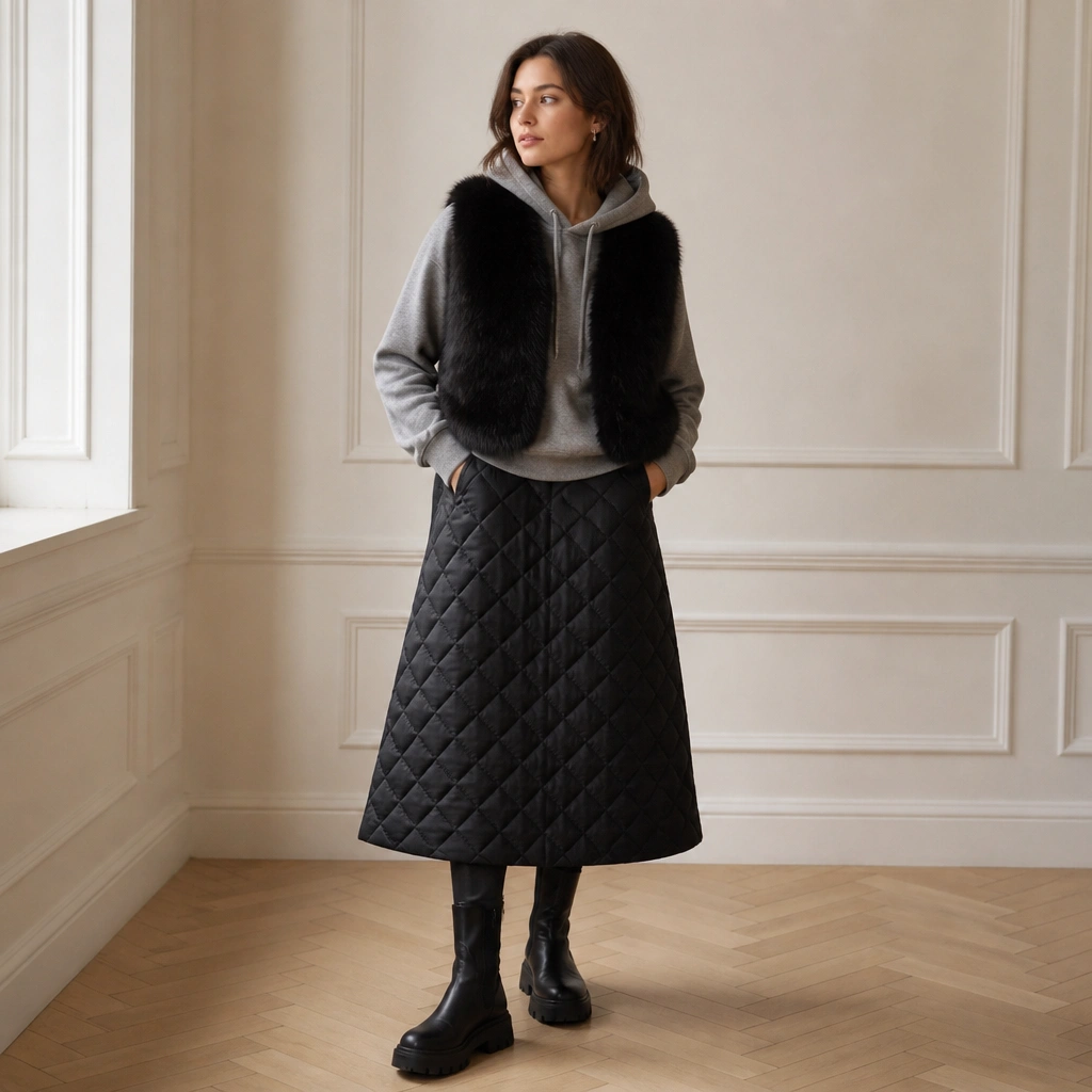 A black fur vest layered over a heather grey hoodie, styled with a black quilted midi skirt and chunky black boots.