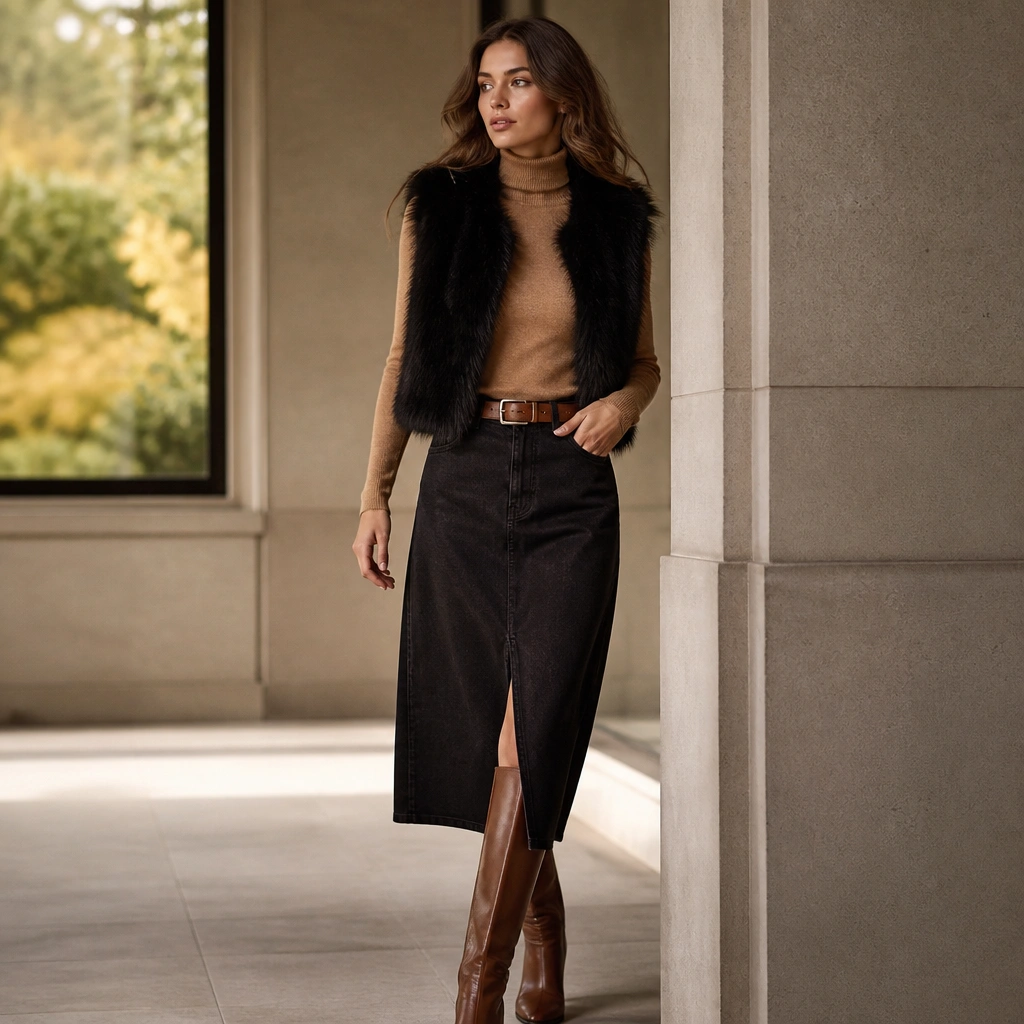 A black fur vest over a camel turtleneck with a black denim midi skirt and tan leather belt, plus brown riding boots.