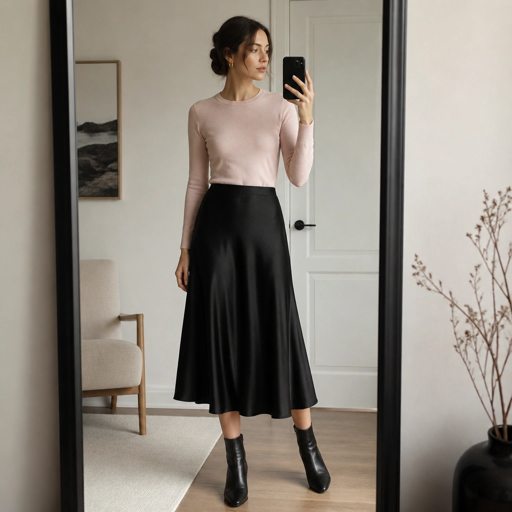 Light pink fitted sweater worn with a black flowy midi skirt, black ankle boots, and a small gold hoop earring; indoor mirror shot with neutral walls.
