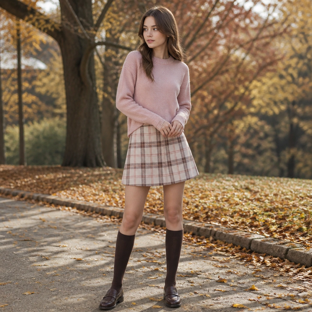 Light pink sweater paired with a blush-and-brown plaid A-line skirt, brown knee socks, and loafers; outdoor fall setting with trees in the background.
